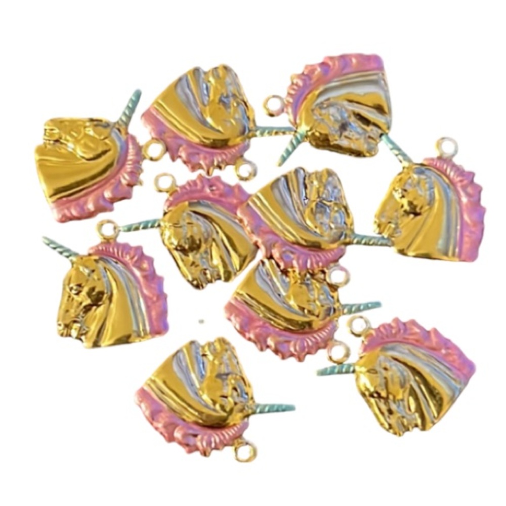 Vintage Whimsical Gold Unicorn Head Mini Charms Lot 10 Count